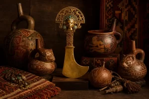Tumi dourado, cerâmicas tradicionais e artesanato da cultura peruana